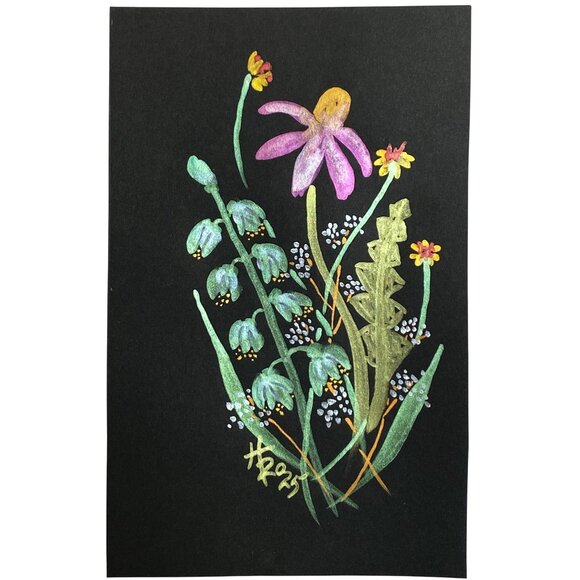 Wild Flowers Original Iridescent Watercolor Painting 8x10in Matted Frame Ready - Picture 4 of 5